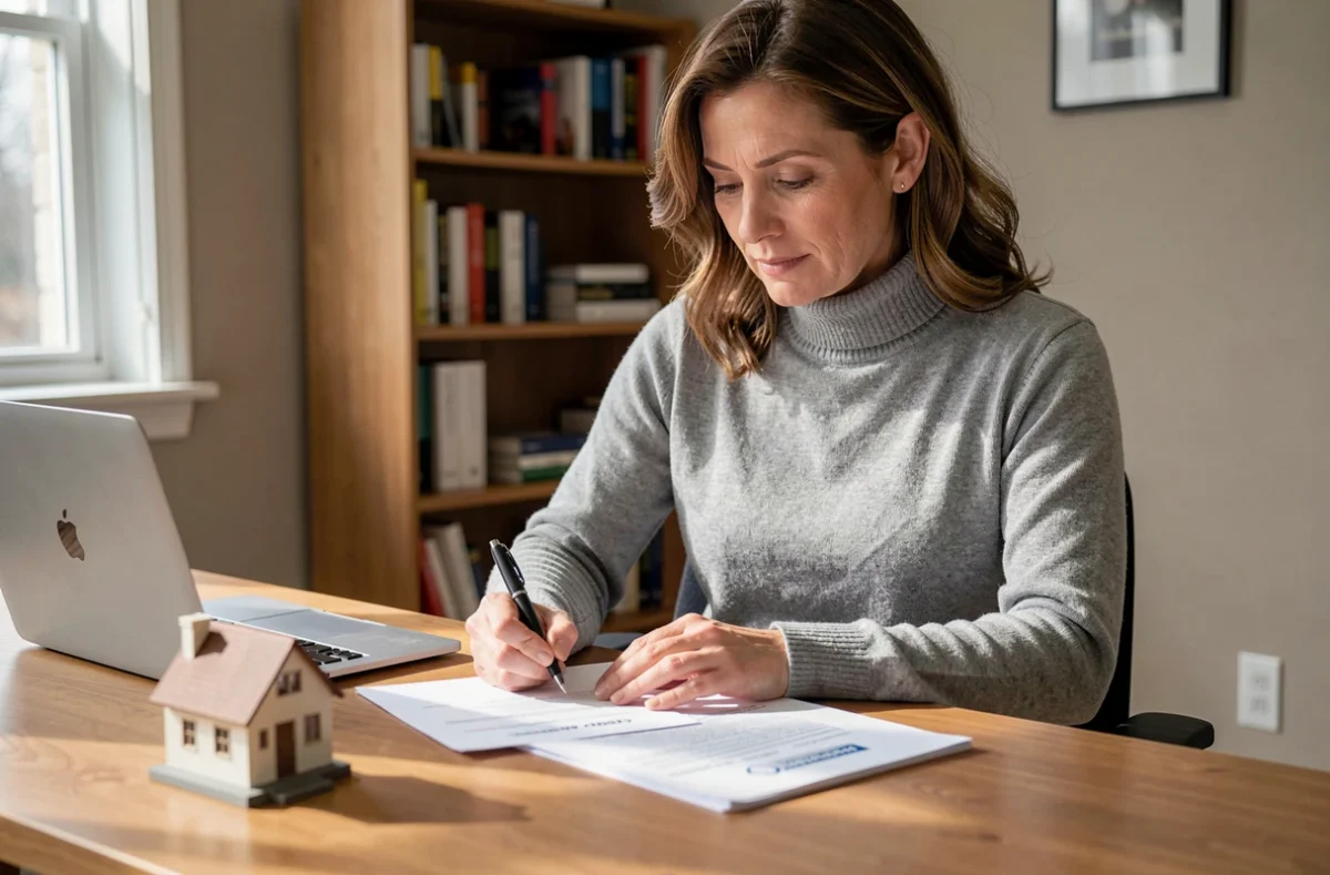 Femme propriétaire signant un contrat d'assurance propriétaire non occupant à son bureau