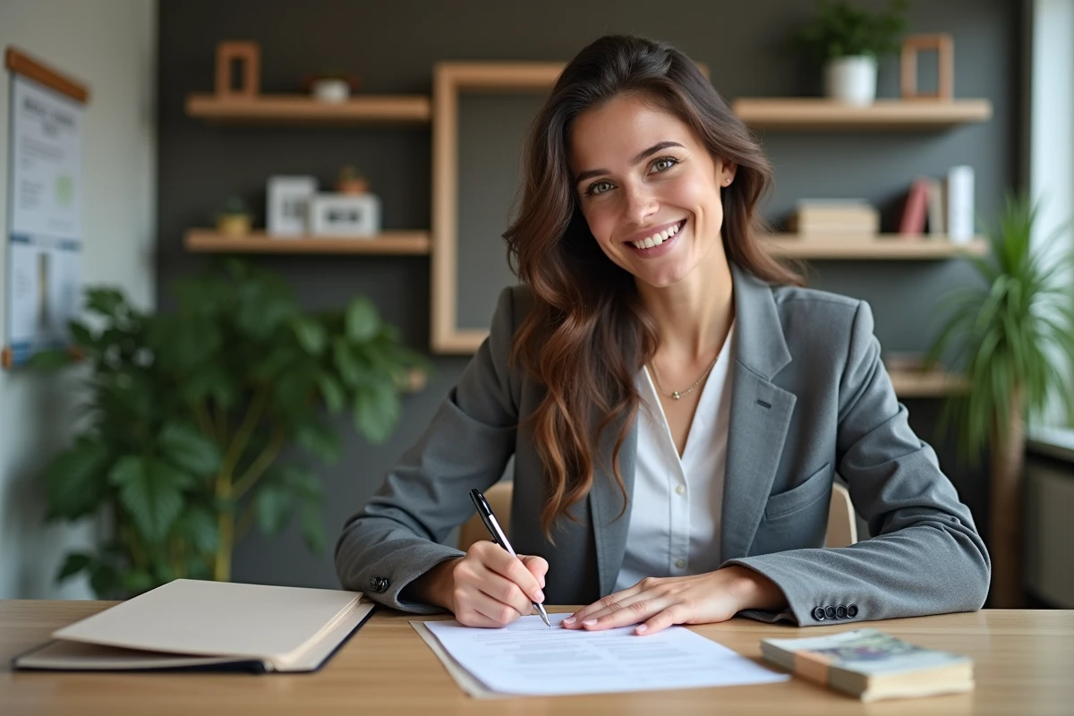 Jeune femme signant un contrat de location dans une agence immobiliere