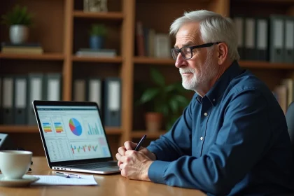 Homme senior analysant un simulateur viager sur Excel avec des graphiques financiers affichés sur écran d'ordinateur portable