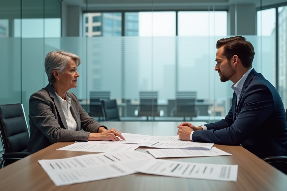 Femme retraitée et conseiller immobilier étudiant ensemble un tableau Excel de simulation viager sur documents imprimés