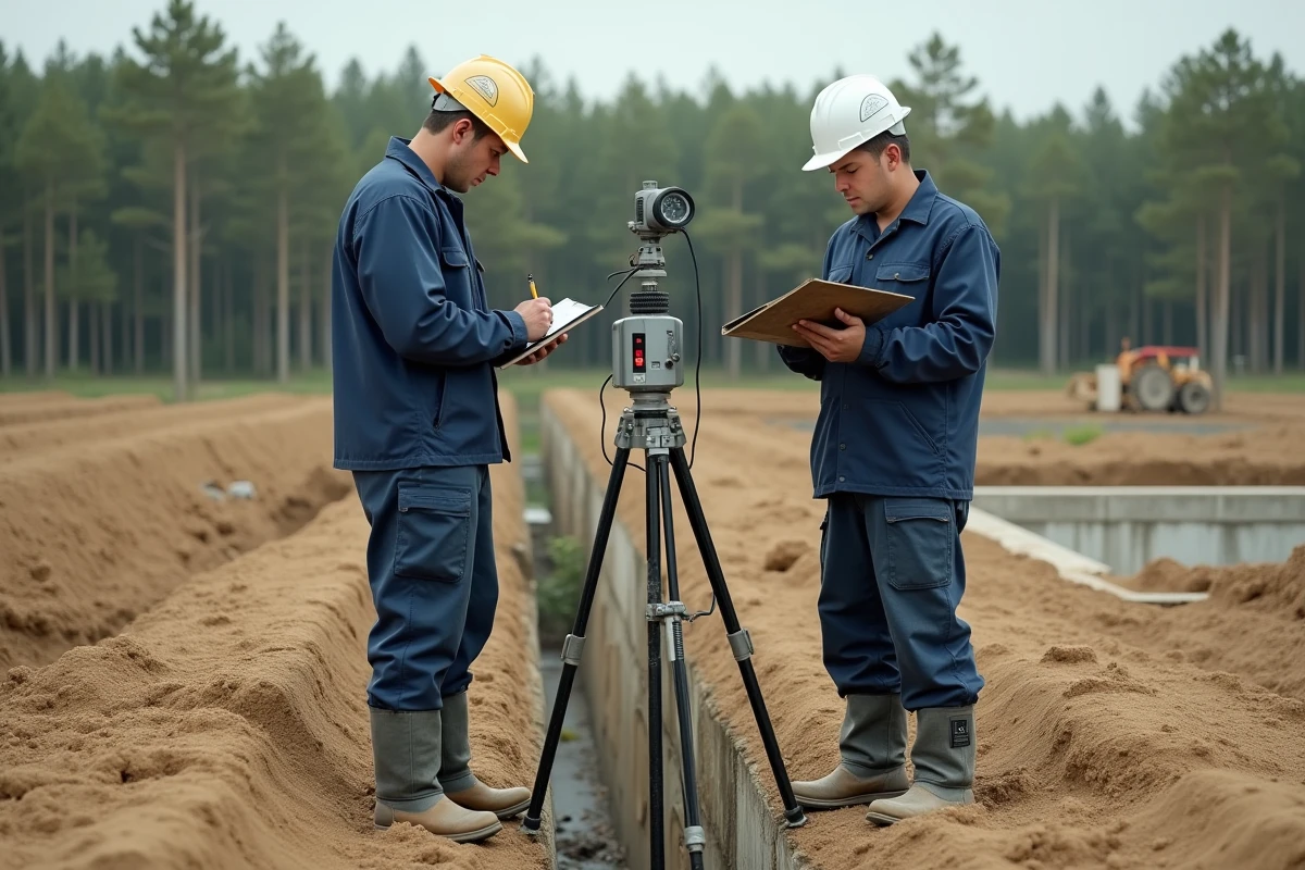 Techniciens réalisant un sondage géotechnique au pénétromètre sur un terrain à bâtir