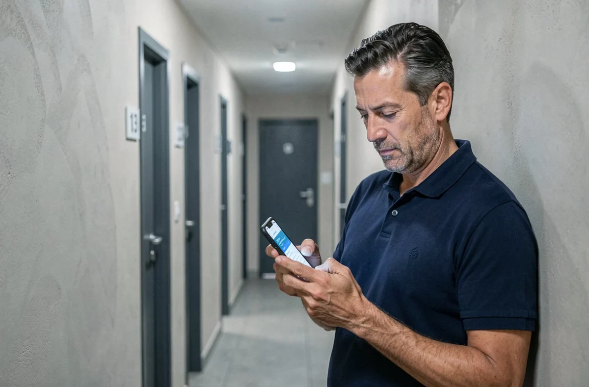 Homme souscrivant une assurance logement rapidement depuis son smartphone dans un couloir d'immeuble résidentiel