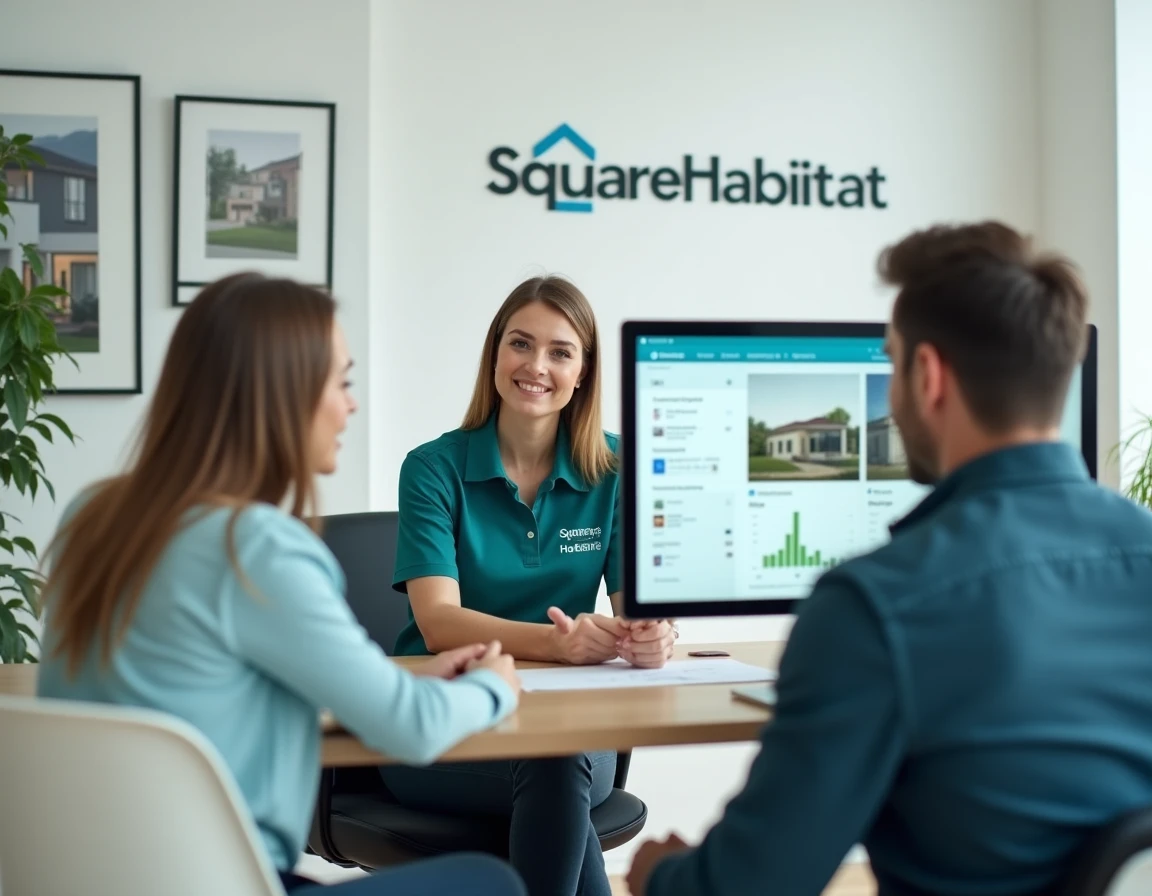 Agente Square Habitat Gers en consultation avec des clients dans une agence moderne à Auch