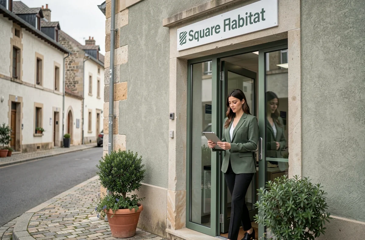 Conseillère Square Habitat sortant de l'agence avec une tablette dans une ville de Haute-Loire