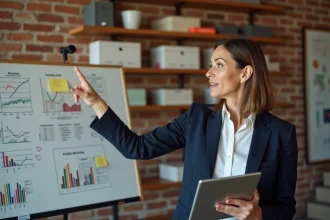 Cheffe d'entreprise présentant une stratégie marketing pour une activité de rénovation et travaux sur un tableau blanc dans un bureau moderne