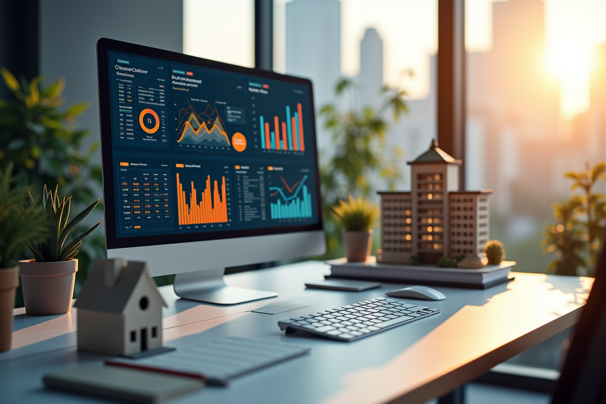 Ecran d ordinateur avec graphiques de rentabilite immobiliere et modele de batiment