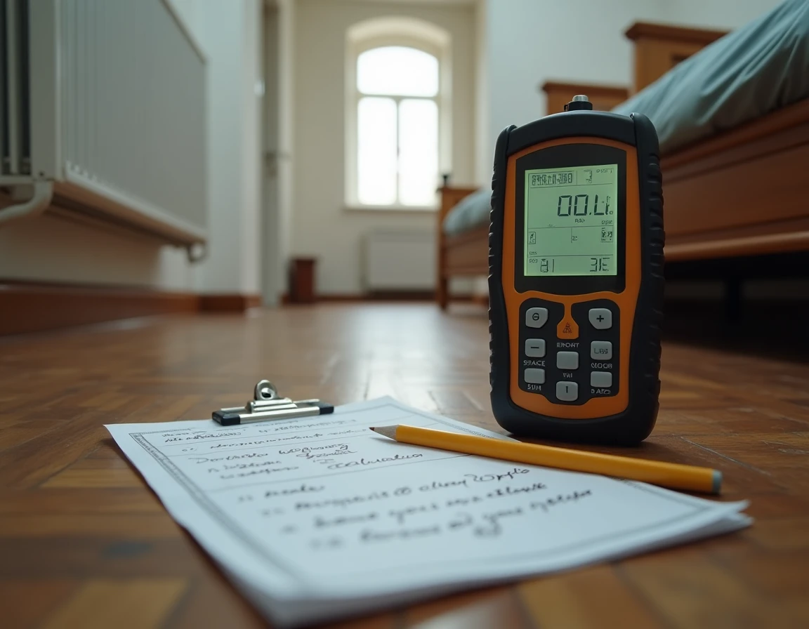 Télémètre laser posé sur le parquet d'une chambre avec calculs de surface loi Carrez manuscrits et documents juridiques immobiliers