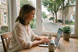 Femme en télétravail dans un appartement lumineux en Île-de-France avec vue sur une rue résidentielle