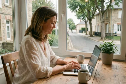 Femme en télétravail dans un appartement lumineux en Île-de-France avec vue sur une rue résidentielle
