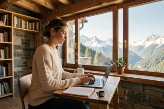 Femme en télétravail dans un chalet en pierre en Andorre avec vue sur les montagnes enneigées