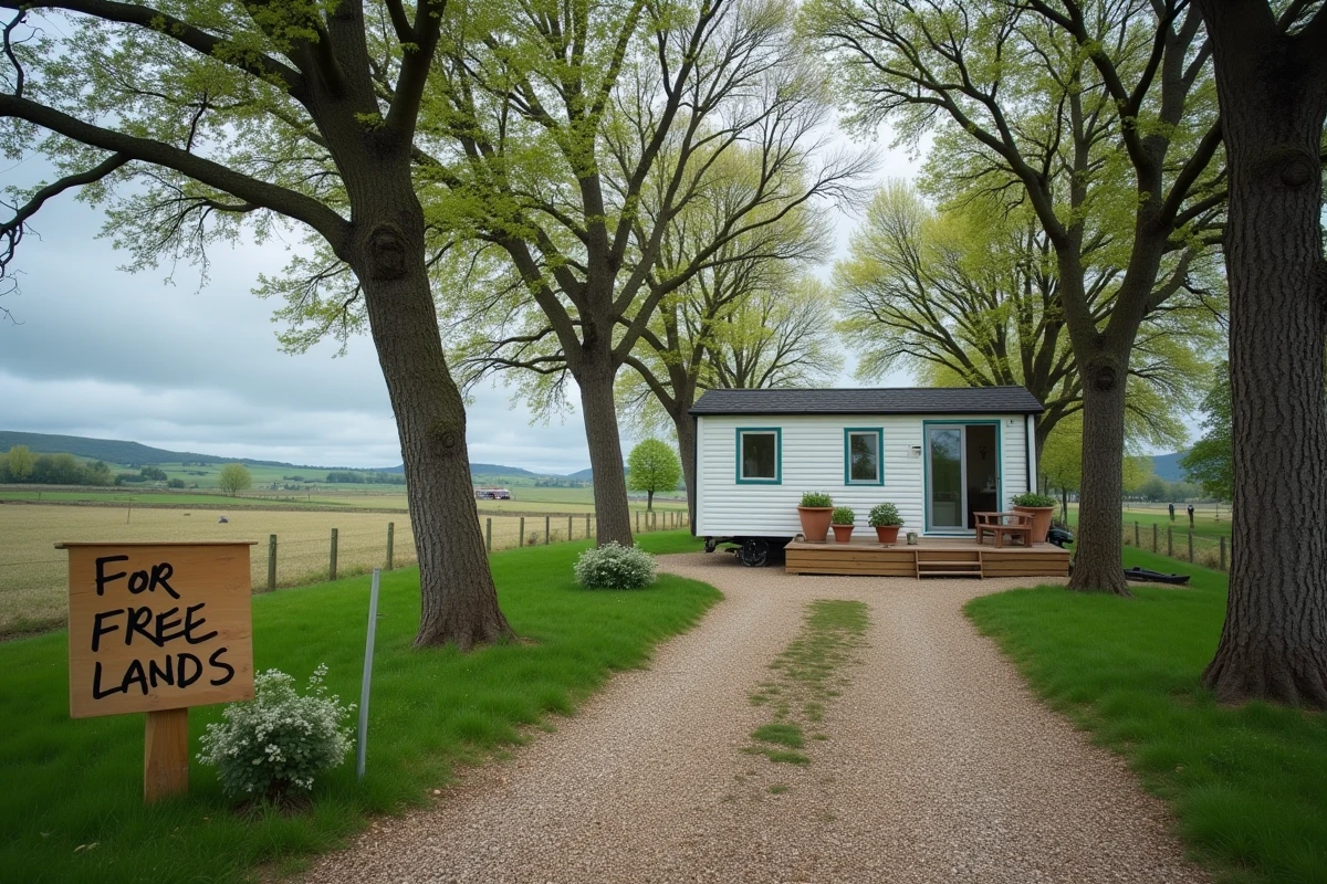 Terrain rural avec panneau de don de parcelle gratuite et mobil-home installé en zone campagne