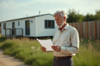 Homme tenant un document foncier devant un mobil-home installé sur un terrain en milieu rural