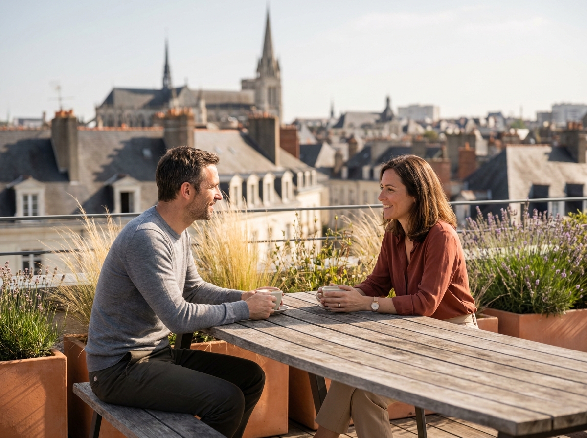 Deux collègues profitant d'une terrasse de bureau avec vue sur les toits de Nantes