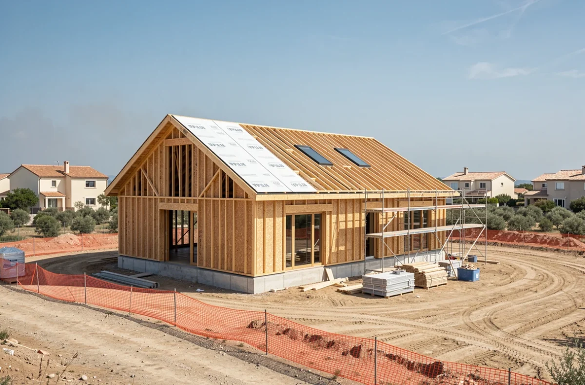 Maison à ossature bois en cours de construction par TMV Ossature dans le Gard, avec structure bois apparente et chantier actif