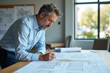 Urbaniste masculin traçant un plan de coupe terrain sur une table à dessin couverte de plans cadastraux dans un bureau d'architecture professionnel