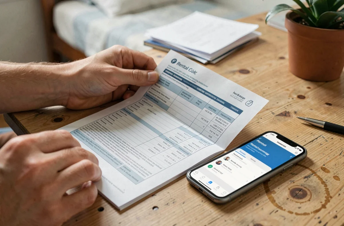 Mains d'un étudiant vérifiant les garanties d'une assurance loyer sur un document et smartphone