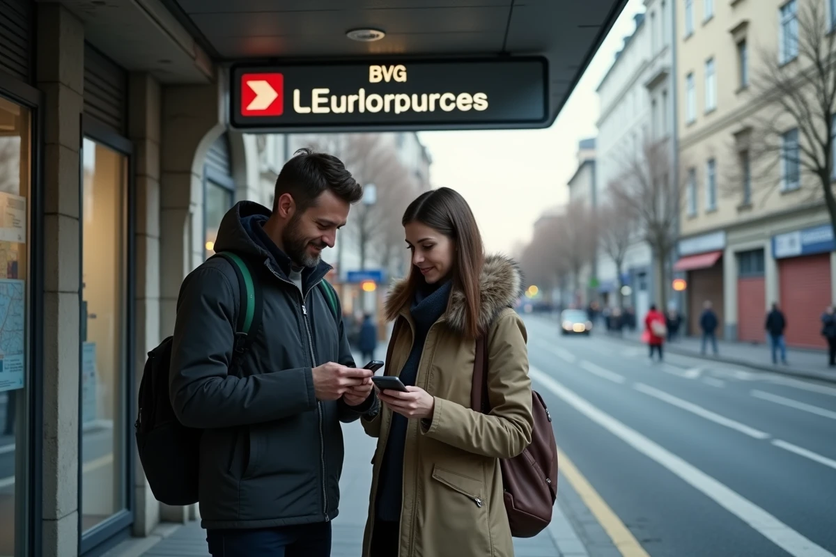 Couple évaluant les transports en commun berlinois à l'entrée d'une station de U-Bahn lors de leur recherche de logement