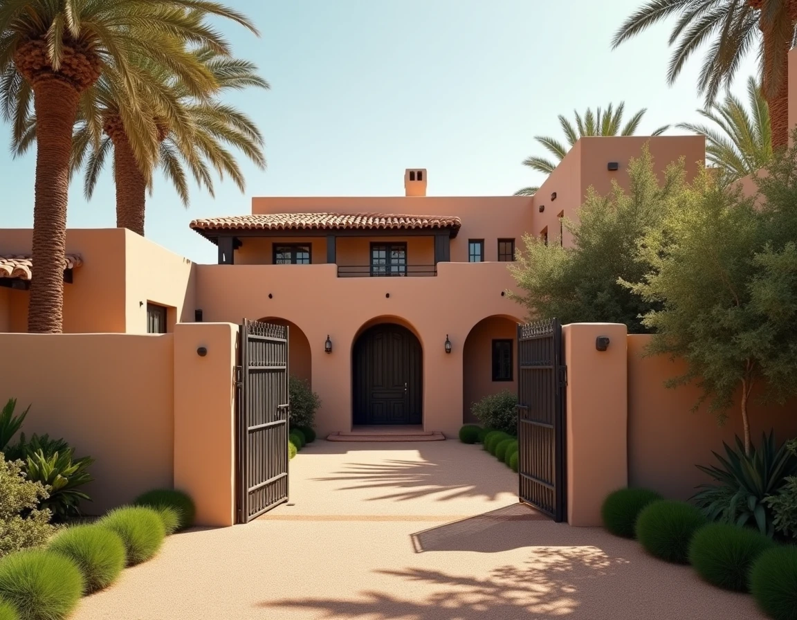 Villa rénovée à vendre à Marrakech avec architecture marocaine traditionnelle et jardin fleuri visible derrière un portail en fer forgé