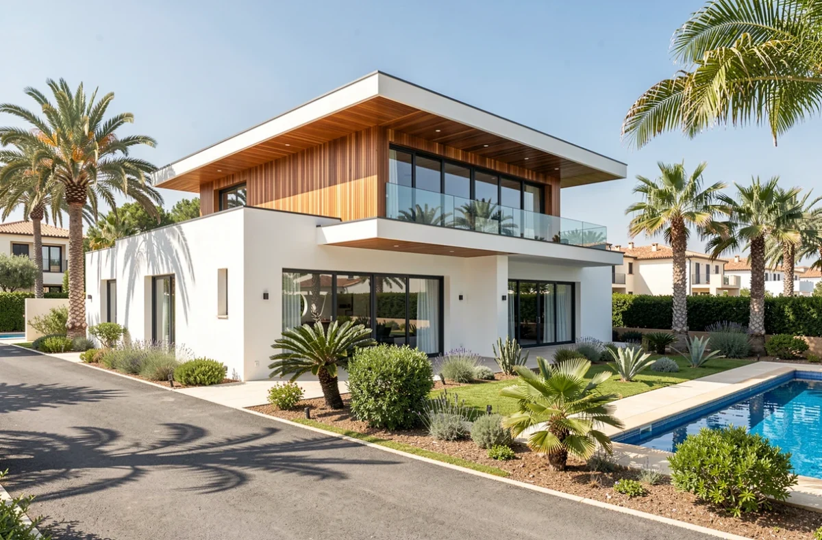 Villa contemporaine de luxe construite par Villas Bella dans le Gard, avec toit plat, baies vitrées et piscine paysagée