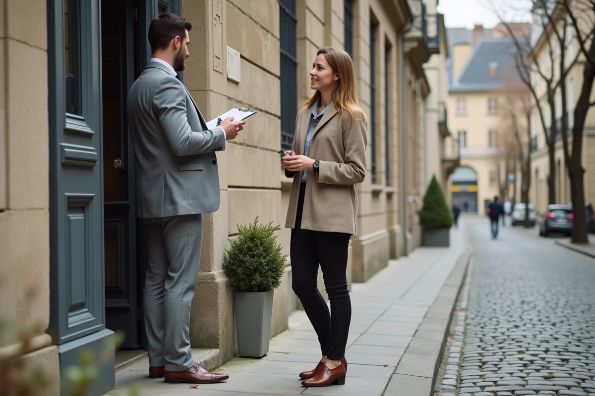 Agent immobilier de Dumoulin 87 présentant un immeuble locatif en pierre à un potentiel locataire dans une rue de Limoges