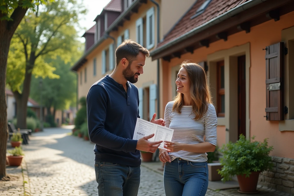 Couple visitant une maison à colombages alsacienne en location dans le Bas-Rhin, tenant une annonce immobilière devant la façade