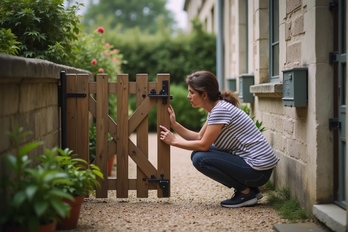 Femme vérifiant la clôture et l'accès sécurisé d'un appartement T3 en rez-de-jardin lors d'une visite