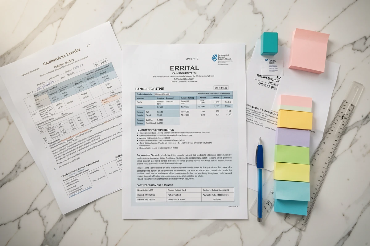 Vue aérienne d'un dossier immobilier complet avec extraits cadastraux et documents ERRIAL organisés sur bureau blanc